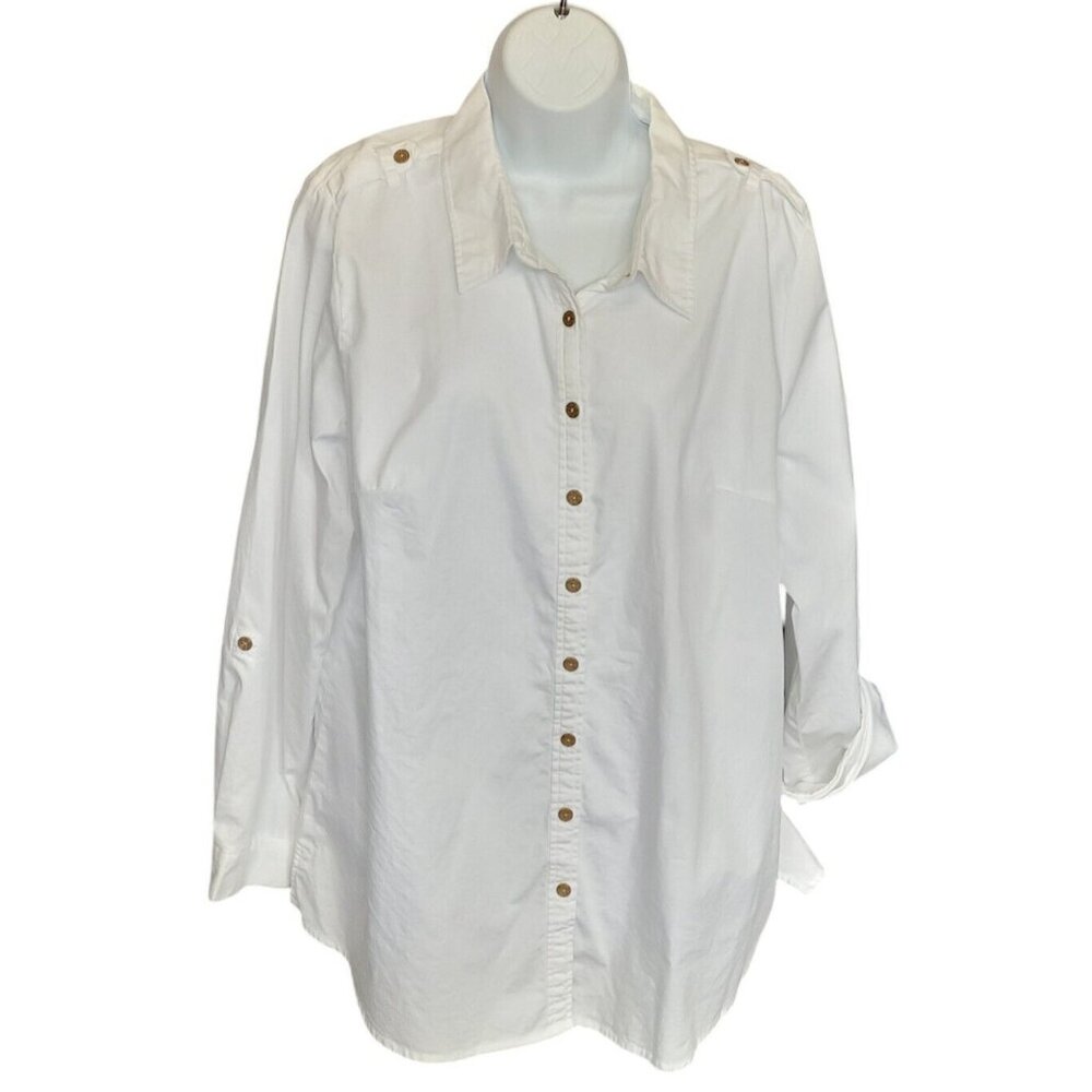 DENIM & CO Shirt Top Womens L White Long Roll Tab Button Front Collared Epaulet - Picture 2 of 9